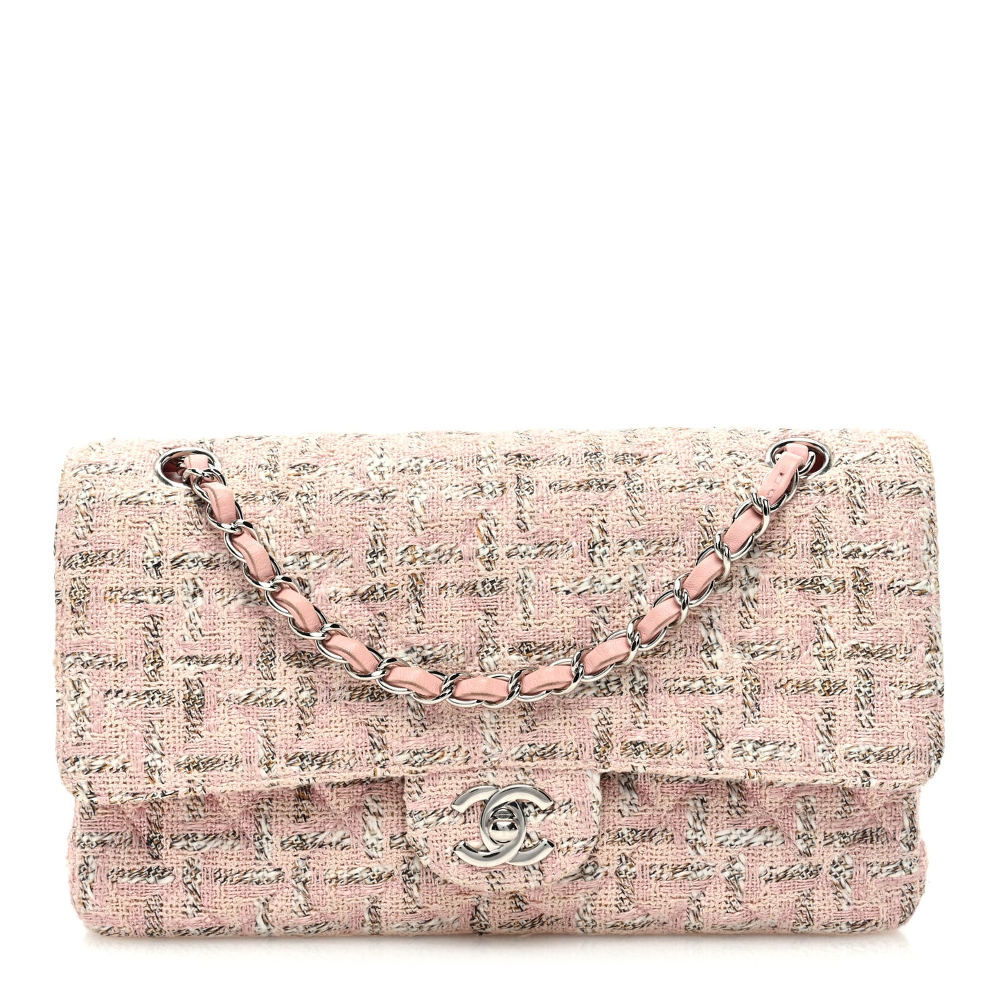 Tweed Quilted Medium Double Flap Light Pink