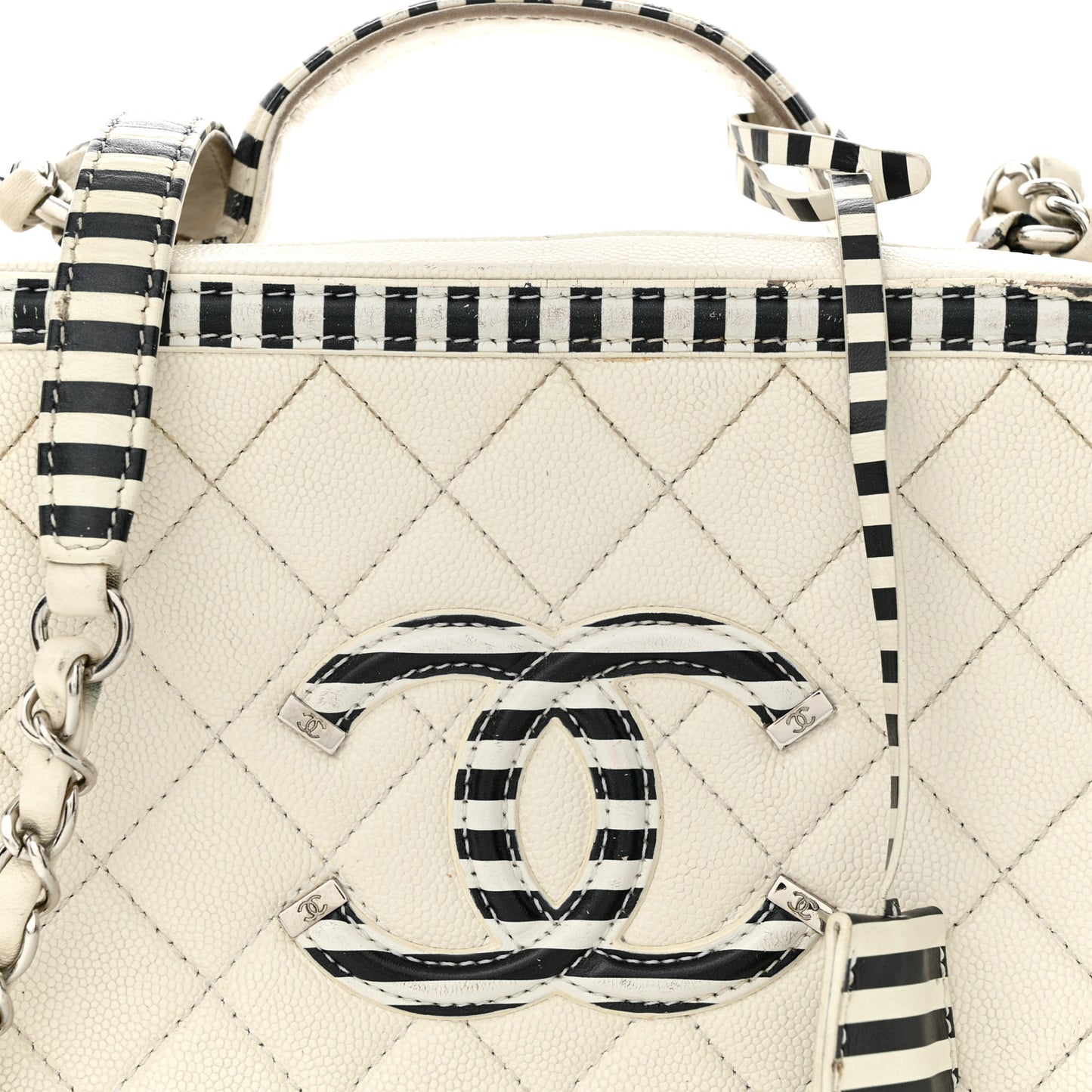 Caviar Quilted Striped Medium CC Filigree Vanity Case White Black