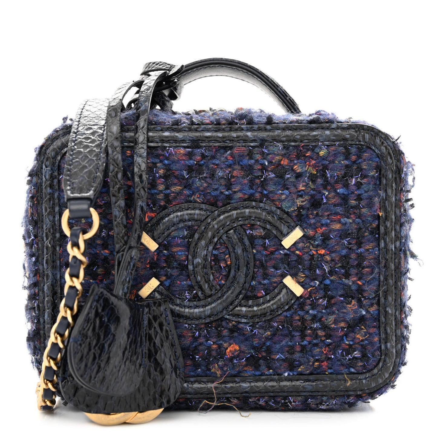 Tweed Snakeskin Quilted Small CC Filigree Vanity Case Navy Multicolor