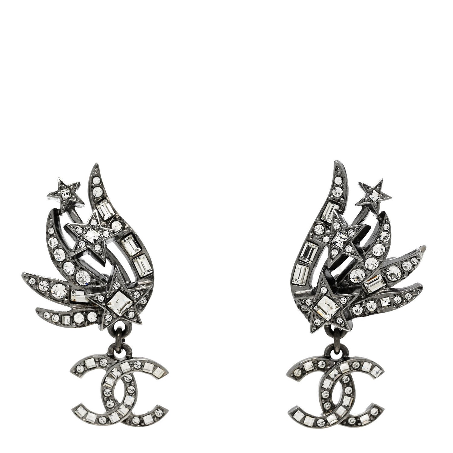Crystal Baguette CC Wing Star Earrings Silver