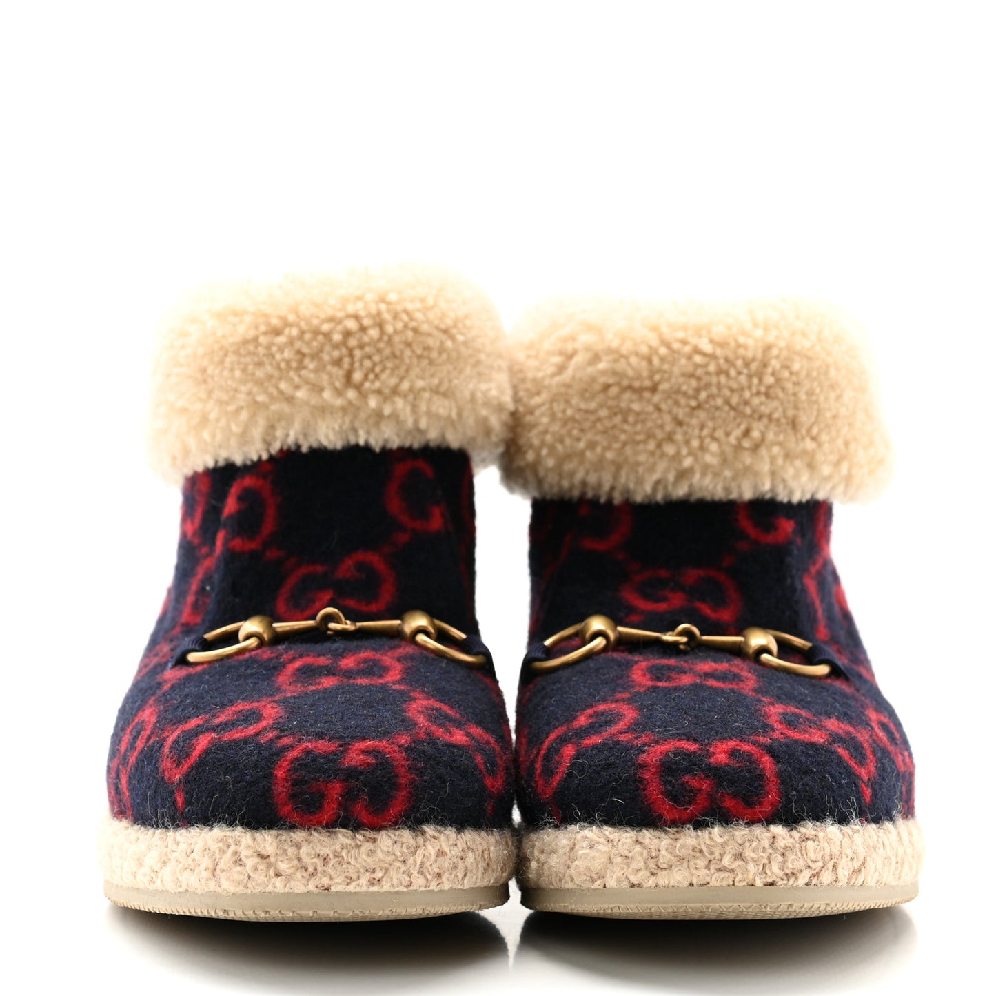 Covered Wool GG Monogram Womens Fria Horsebit Ankle Boots 35.5 Blue Red Butterscotch