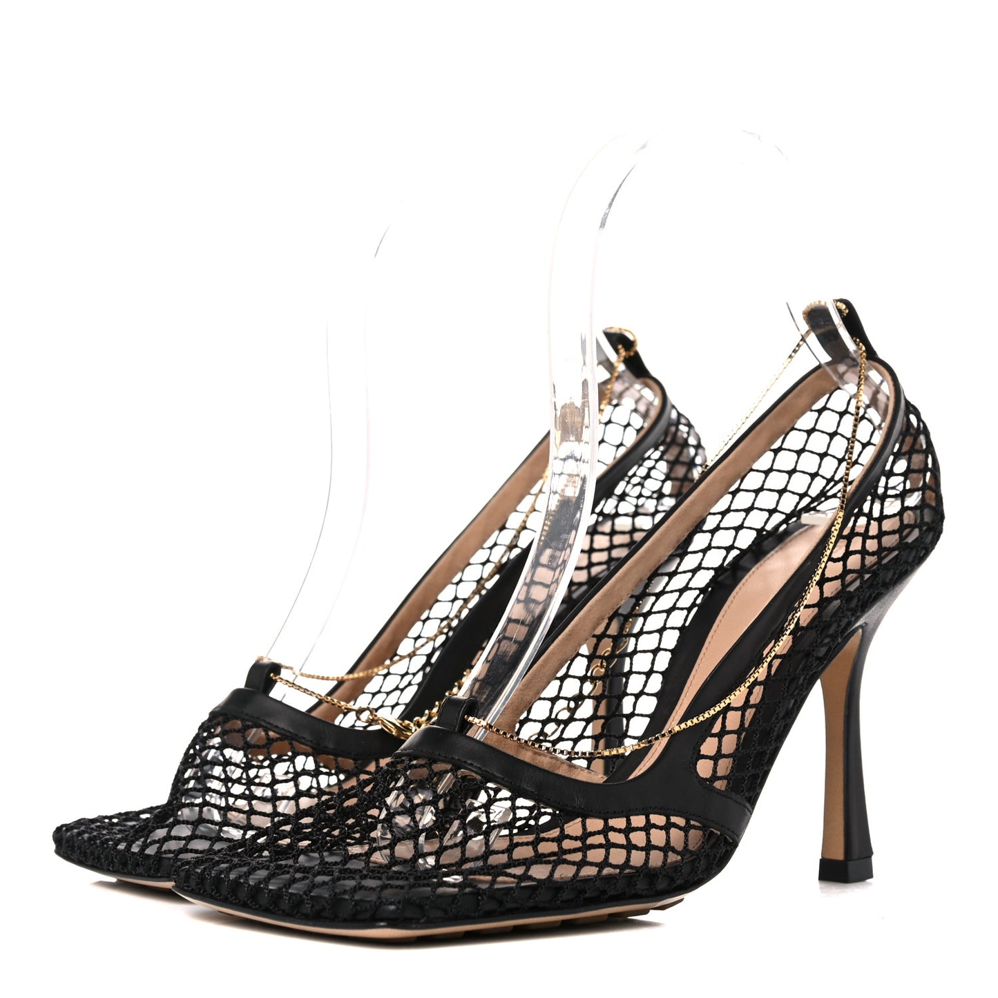 Mesh Calfskin Chain Stretch Pumps 36.5 Black