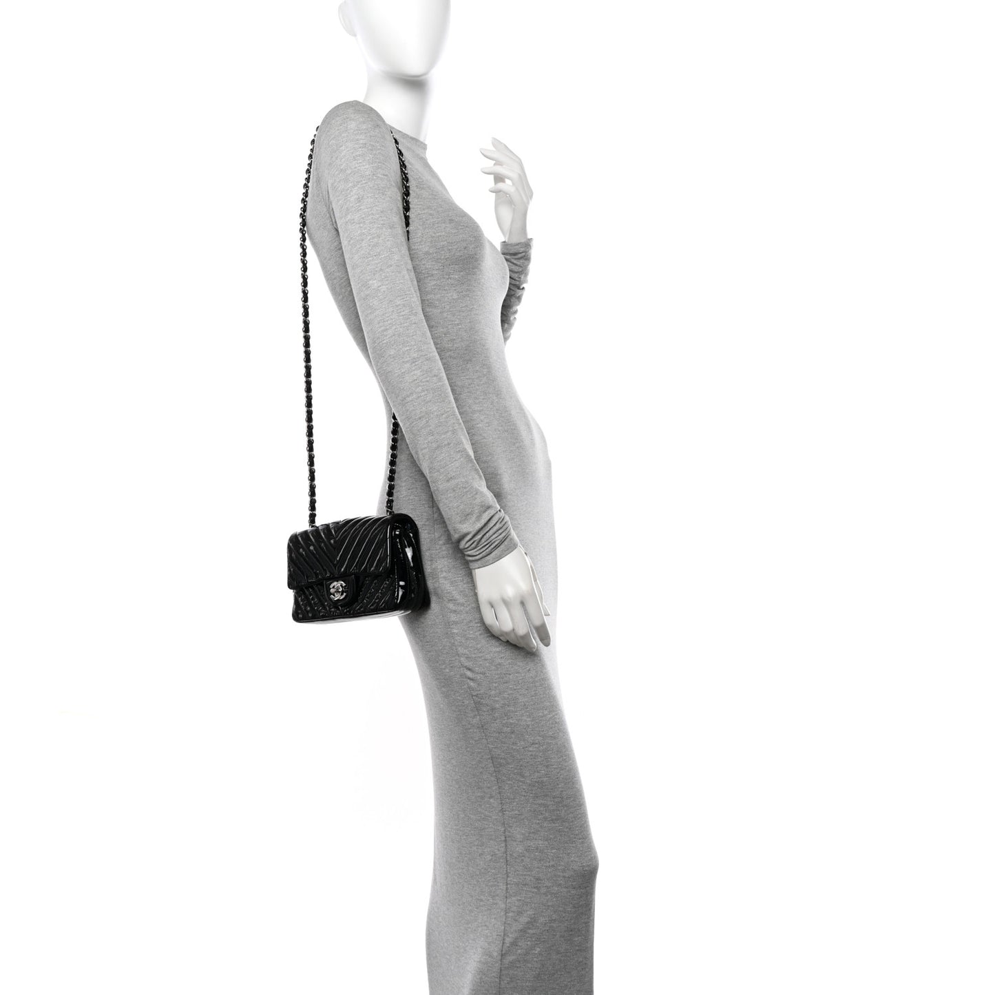 Patent Calfskin Chevron Quilted Mini Rectangular Flap Black