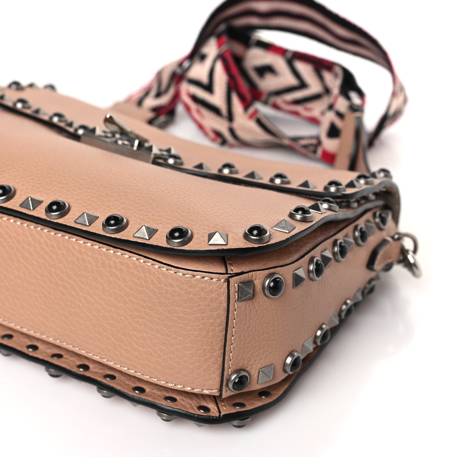 Valentino Garavani Grained Calfskin Onyx Medium Guitar Strap Rockstud Rolling Flap Saddle Bag Soft Noisette 8 of 8