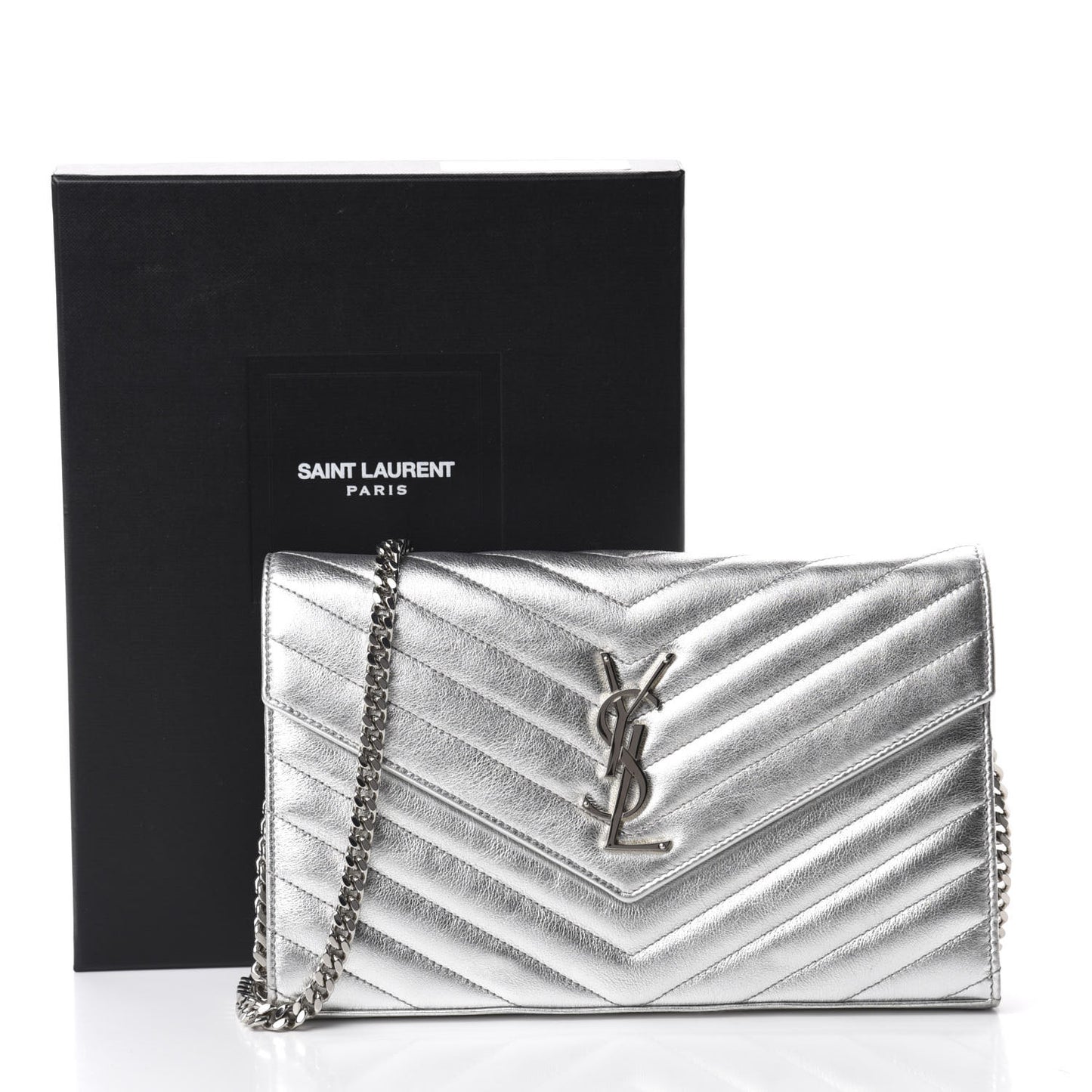 Metallic Lambskin Matelasse Chevron Monogram Chain Wallet Argento