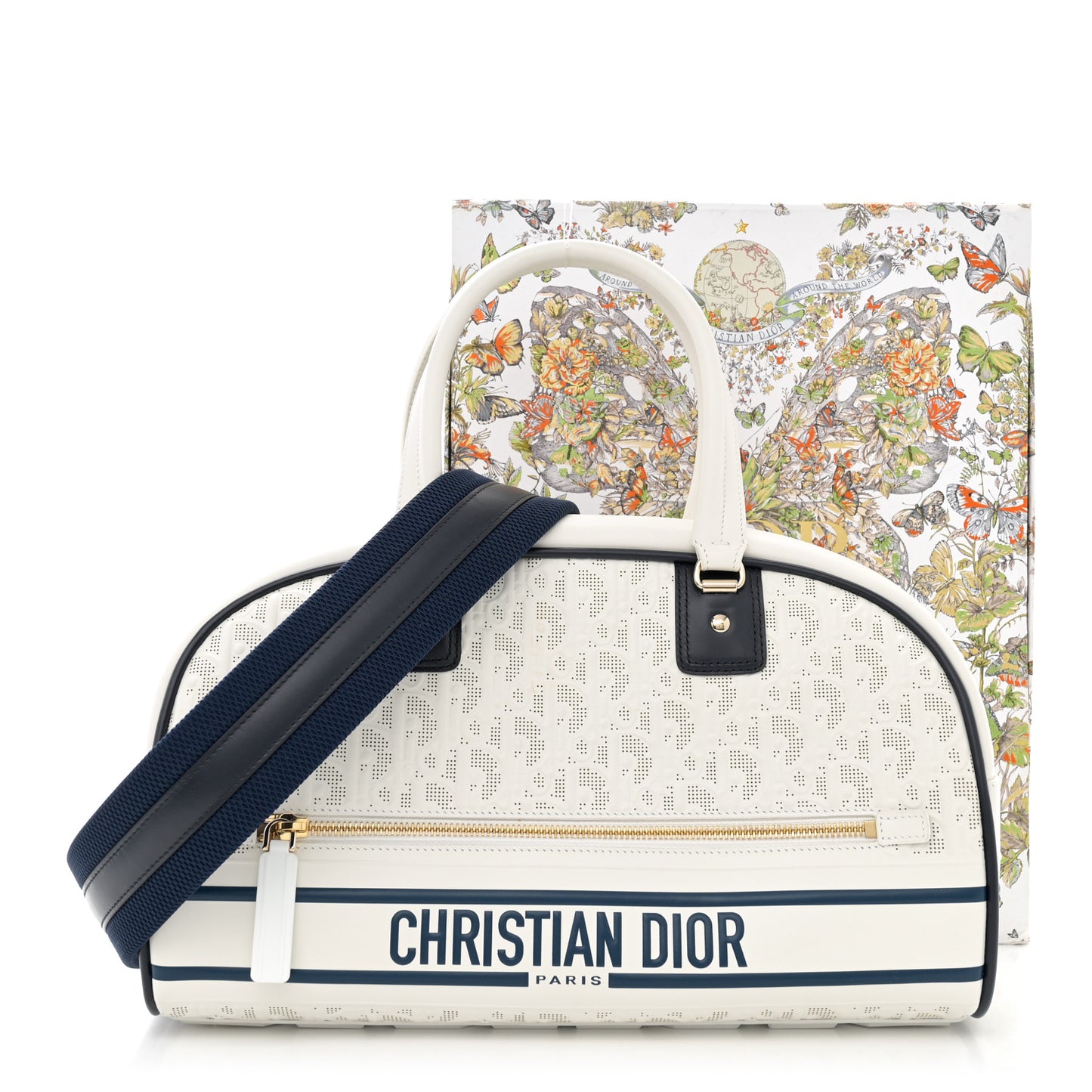 Perforated Calfskin Medium Dior Vibe Classic Bowling Bag White