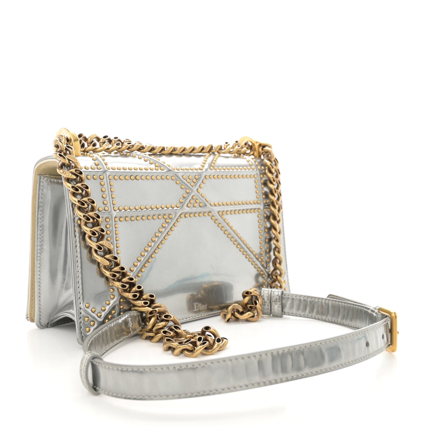 Metallic Patent Studded Small Diorama Flap Bag Silver