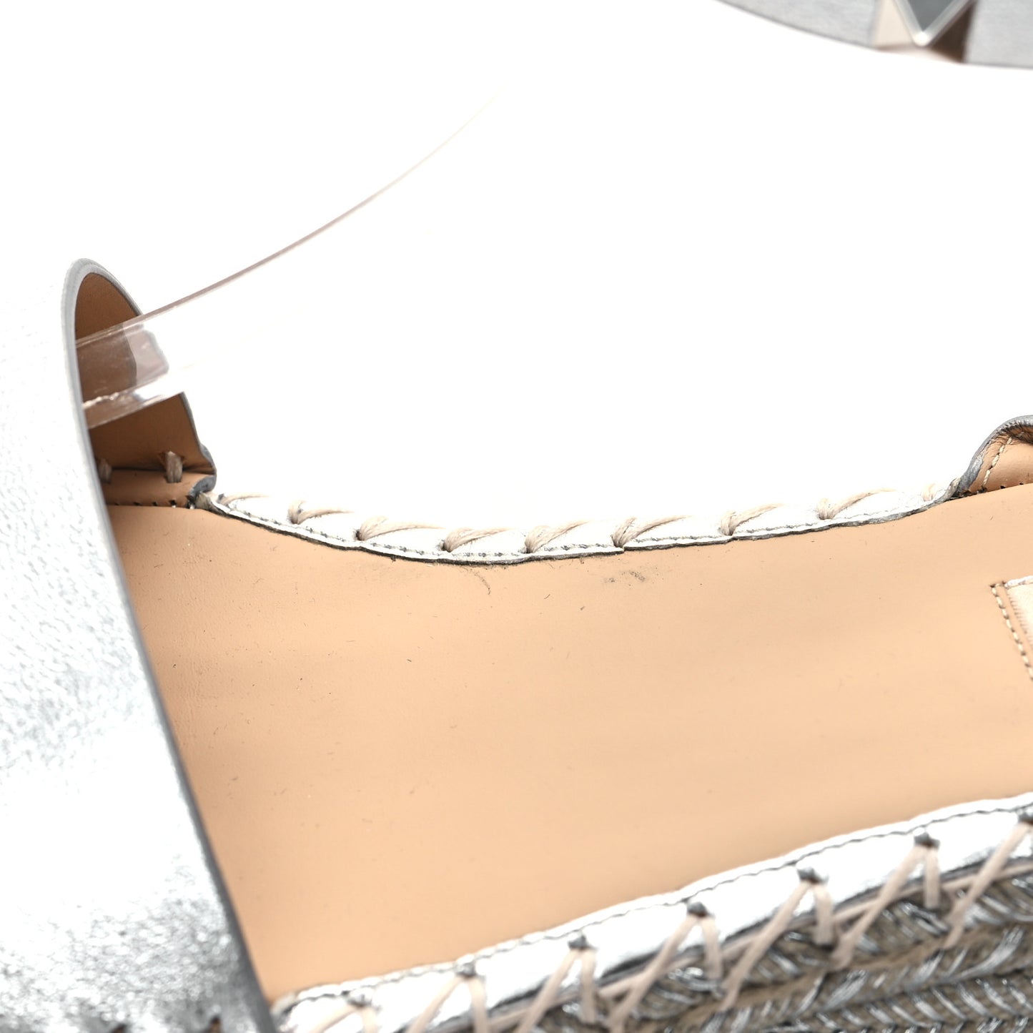 Metallic Grained Calfskin Rockstud Ankle Wrap Espadrille Flatform Sandals 40 Silver