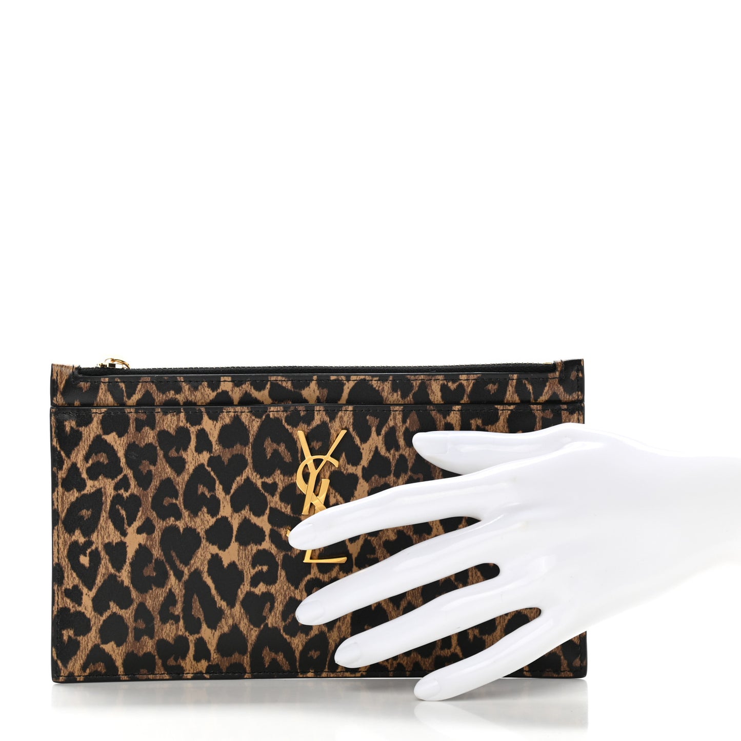 Calfskin Monogram Printed Leopard Zip Bill Pouch Dark Gold Black