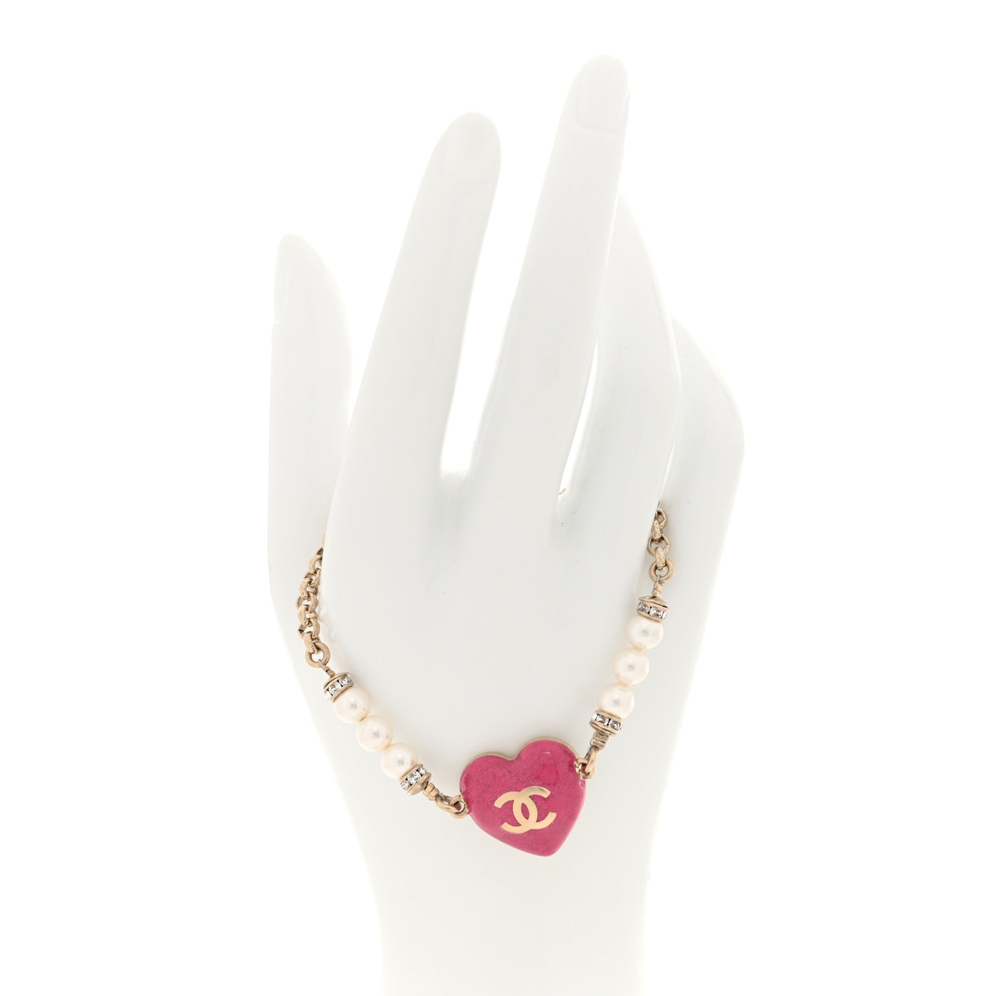 Resin Crystal Pearl Chain Heart CC Bracelet Pink White Gold