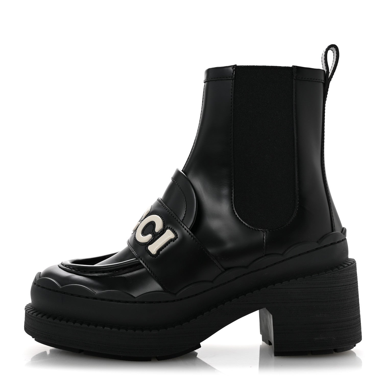 Gucci 黒いハイヒールブーツ Gucci Calfskin Ornella Logo Ankle Boots 38 Black 1923358