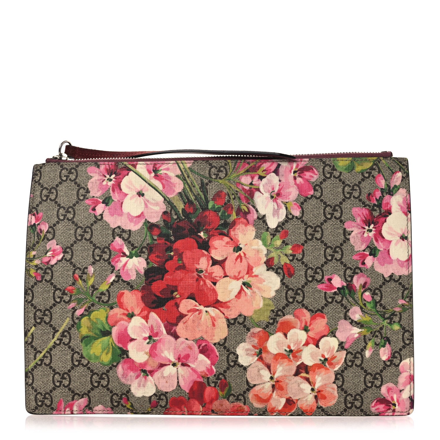 Gucci GG Supreme Monogram Blooms Suede Large Zip Pouch Beige