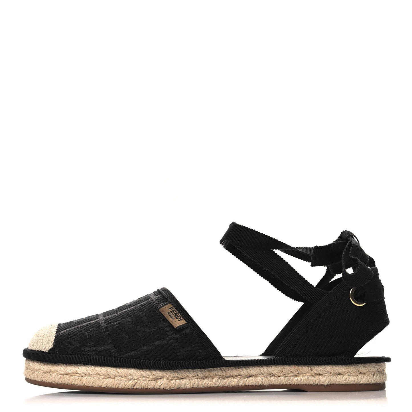 Canvas FF Embroidered Roma Ankle Wrap Flat Espadrilles 40 Black