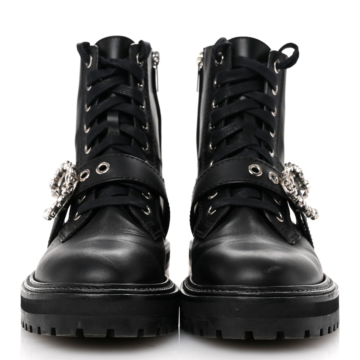 Calfskin Crystal Embellished Cora Flat Combat Boots 36 Black