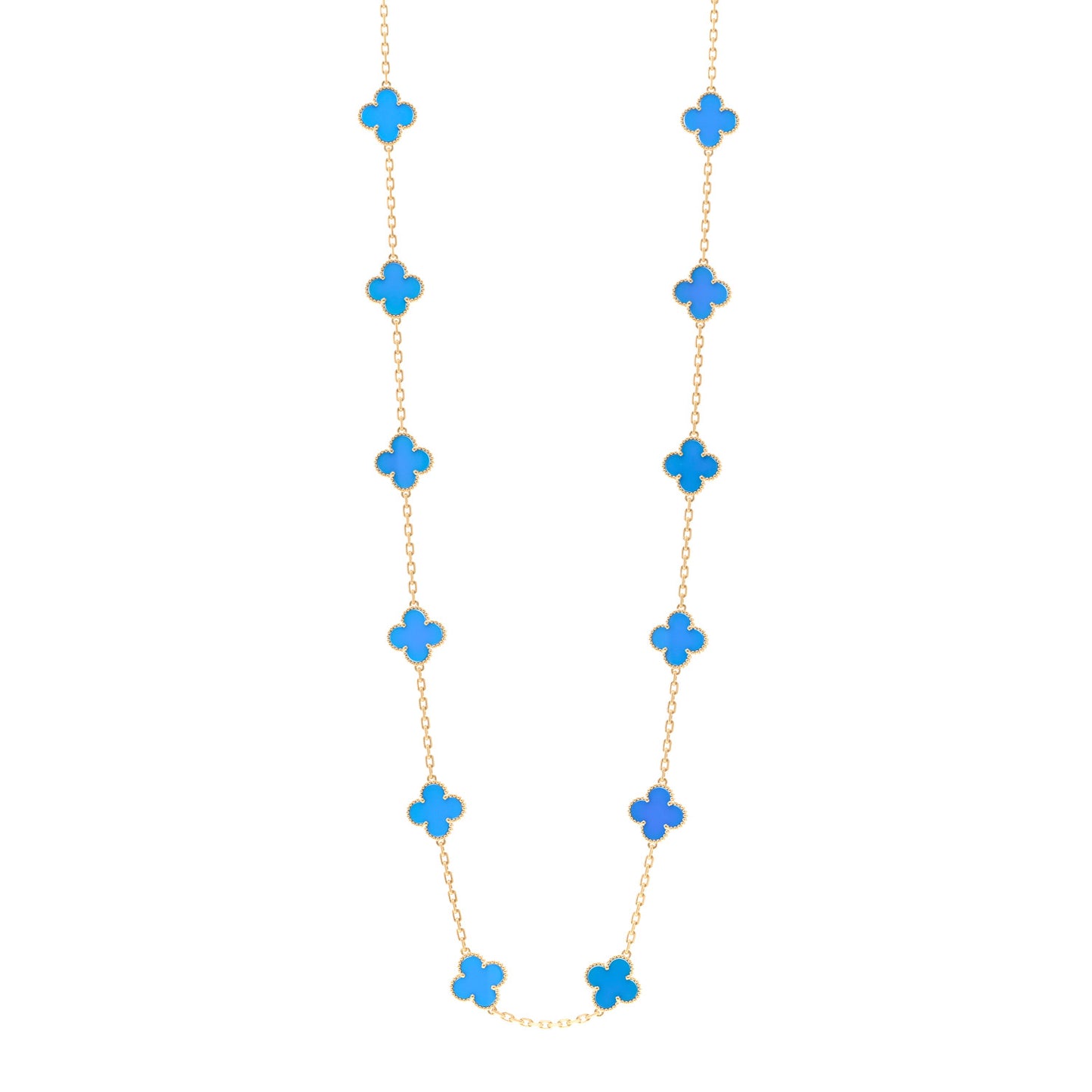 18K Yellow Gold Blue Agate 20 Motifs Vintage Alhambra Necklace