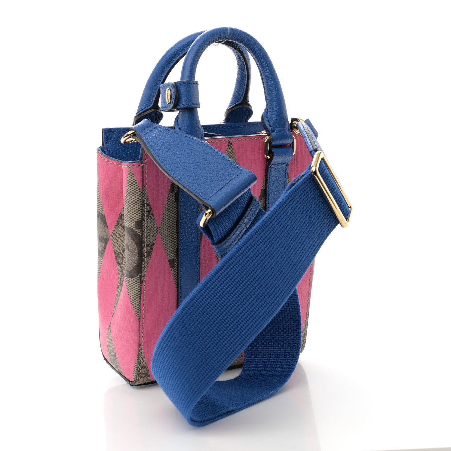 Gucci GG Supreme Monogram Textured Dollar Calfskin Rhombus Mini Tote Bag Beige Ebony Pink Blue 3 of 9