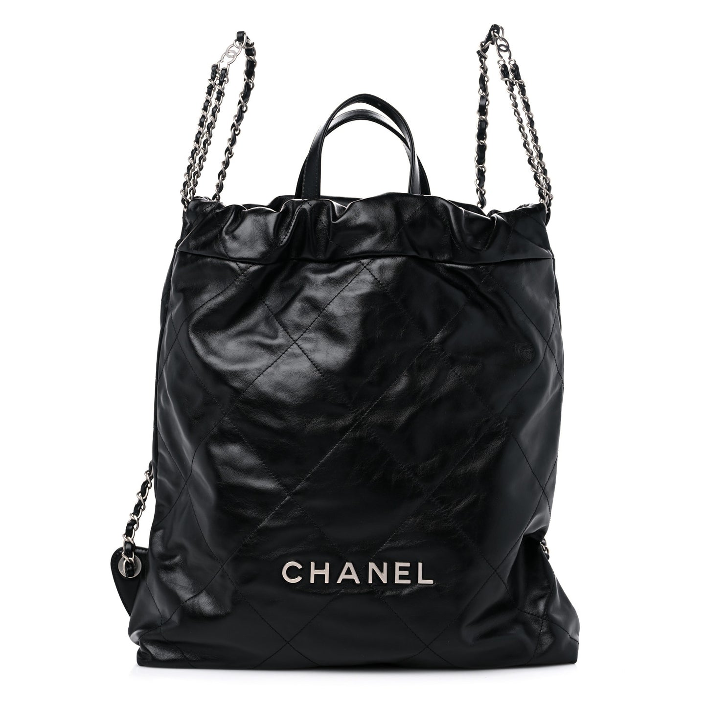 Shiny Calfskin Quilted Chanel 22 Backpack Black
