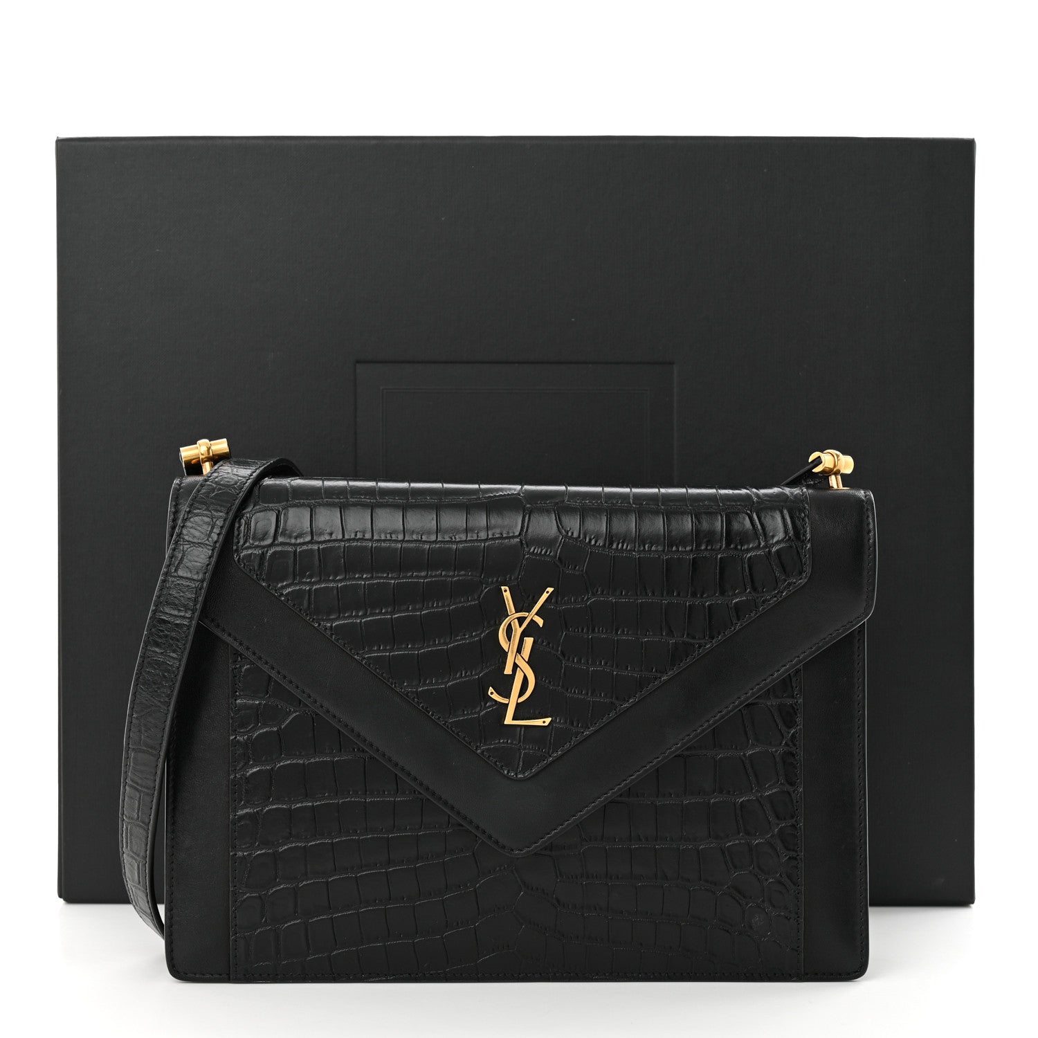 Saint Laurent Calfskin Crocodile Embossed Gaby Satchel Black 13 of 13