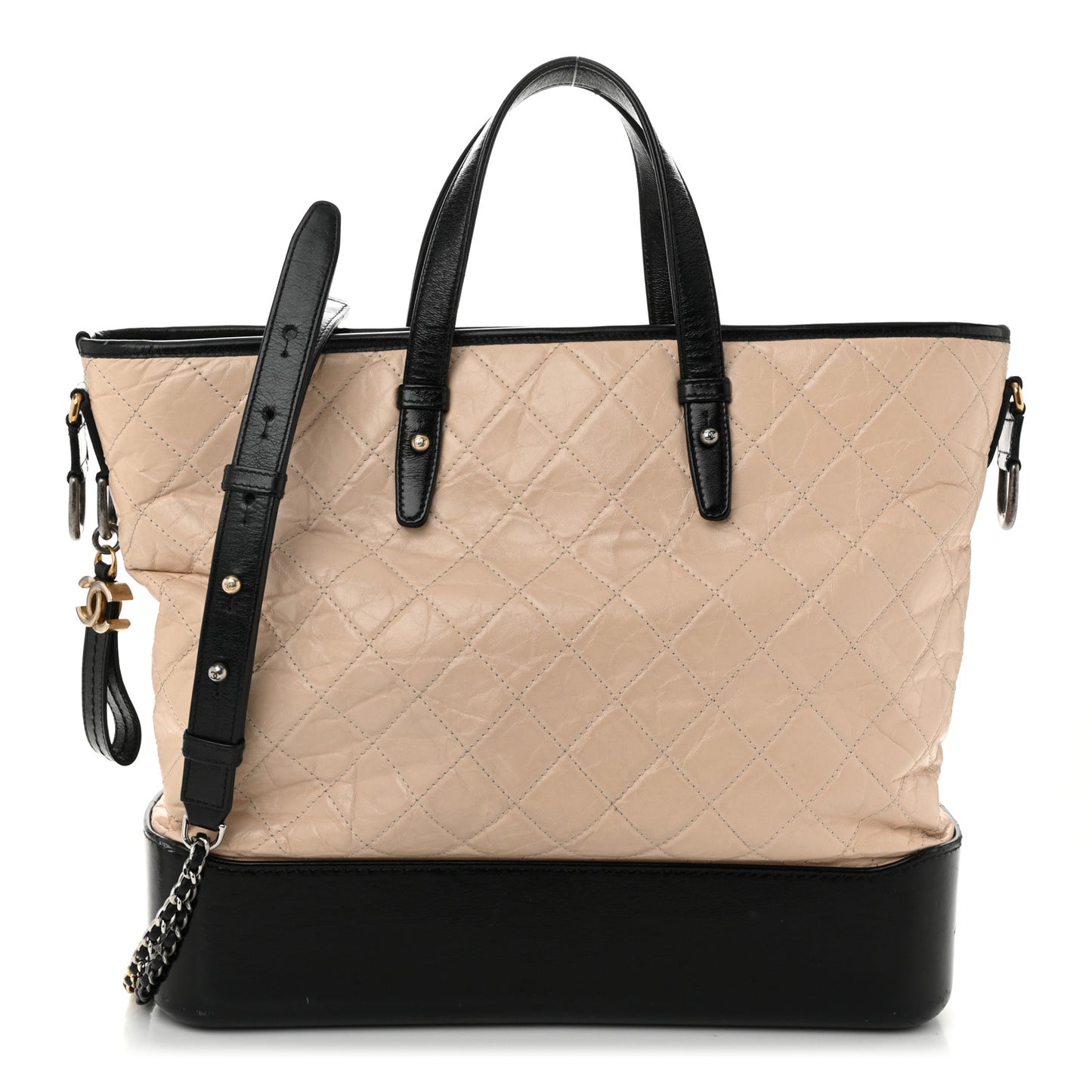 Aged Calfskin Quilted Large Gabrielle Shopping Tote Beige Black