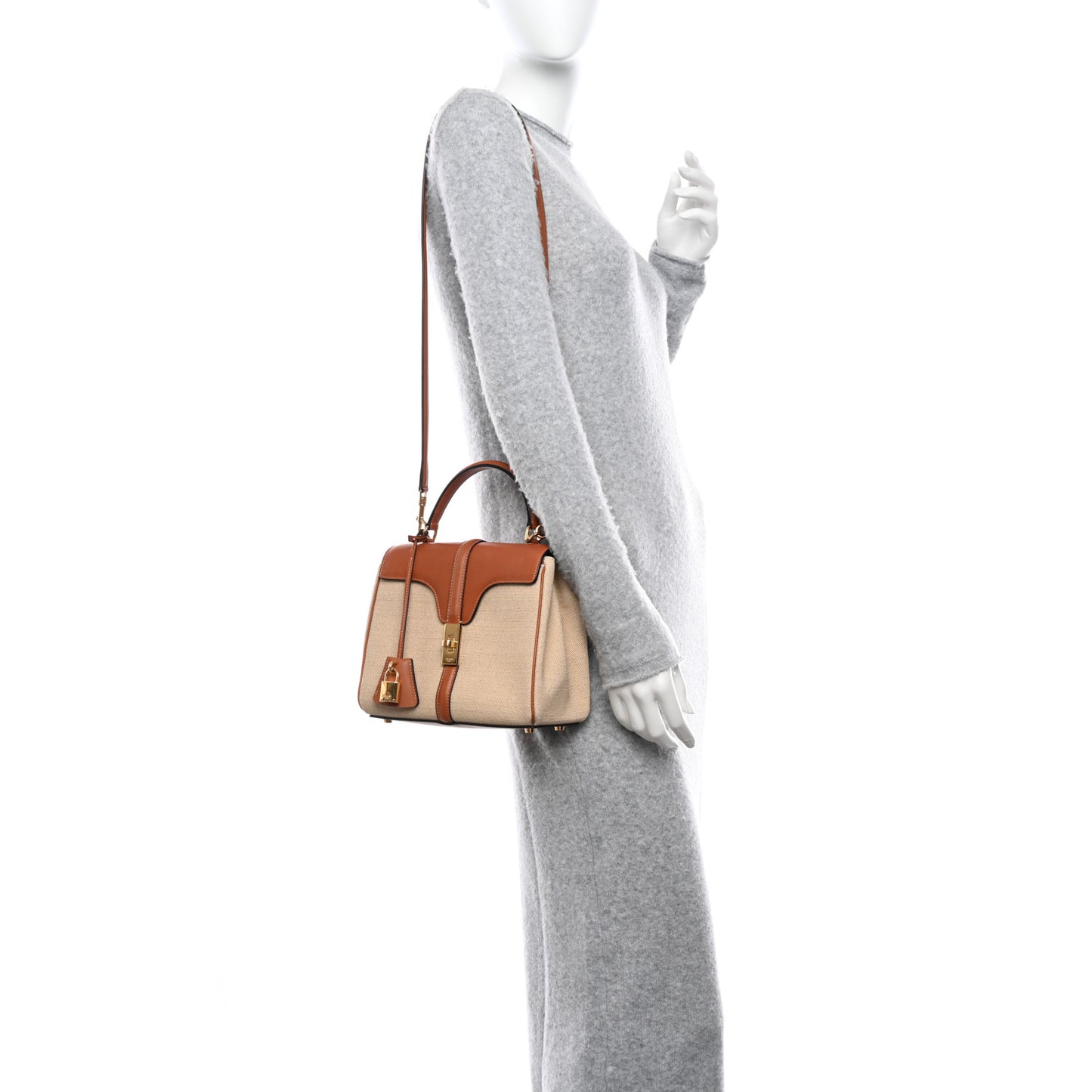 Canvas Calfskin Small 16 Top Handle Bag Natural Tan
