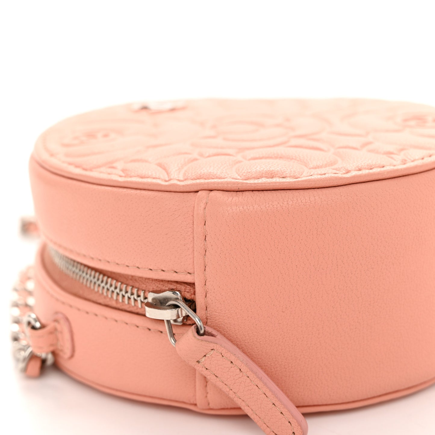 Lambskin Camellia Quilted Round Clutch With Chain Light Pink