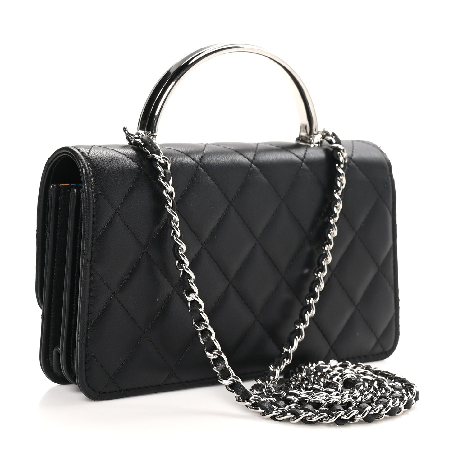 Lambskin Quilted Metal Top Handle Crossbody Flap Black