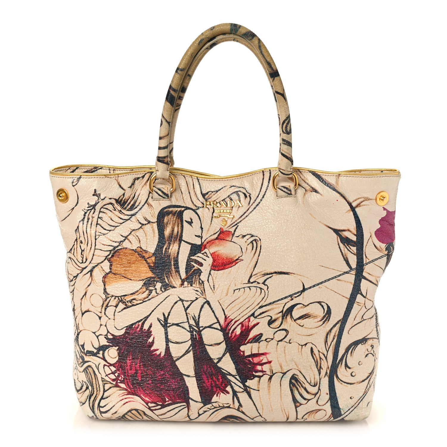 PRADA　トート　ジャンク品 Prada X JAMES JEAN Cervo Lux Fairy Print Large Tote Prugna 1351254