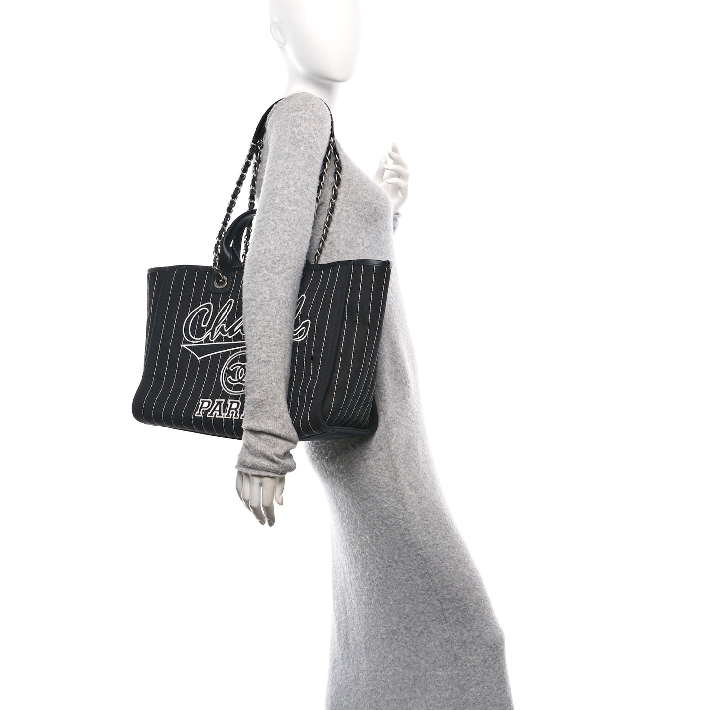 Canvas Calfskin Striped Medium Deauville Tote Black White