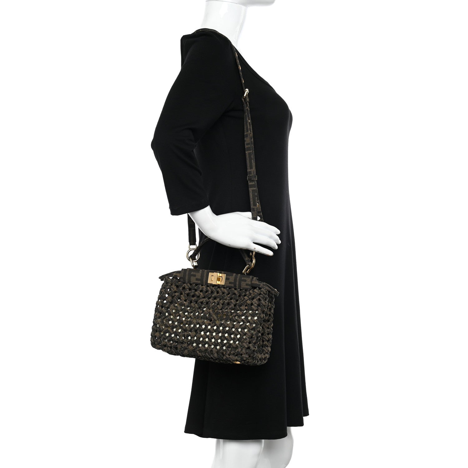 Fendi Fabric Jacquard FF 1974 Woven Knotted Mini Peekaboo Iconic Satchel Tobacco Moro 2 of 9