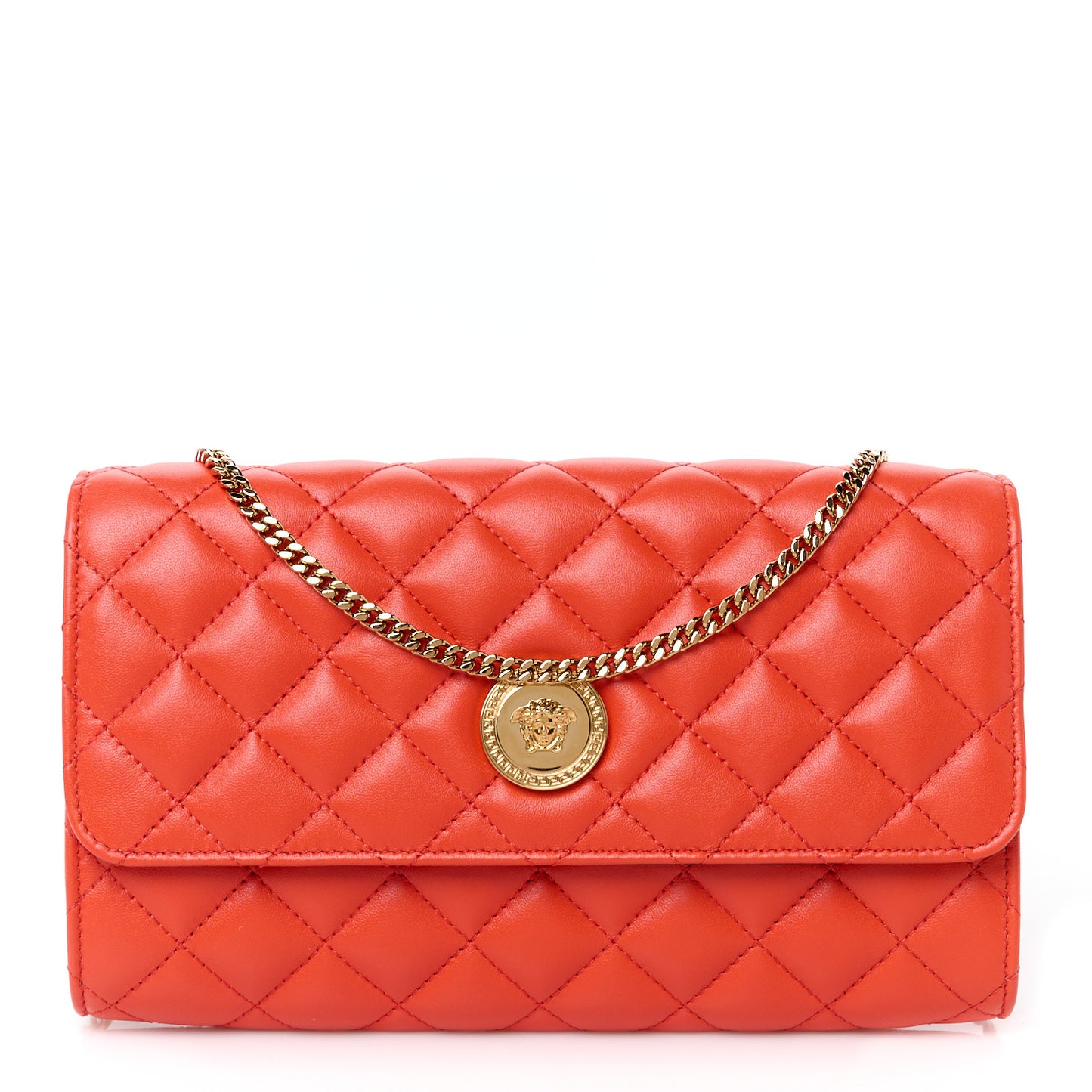 Lambskin Quilted Medusa Wallet on Chain Crossbody Coral
