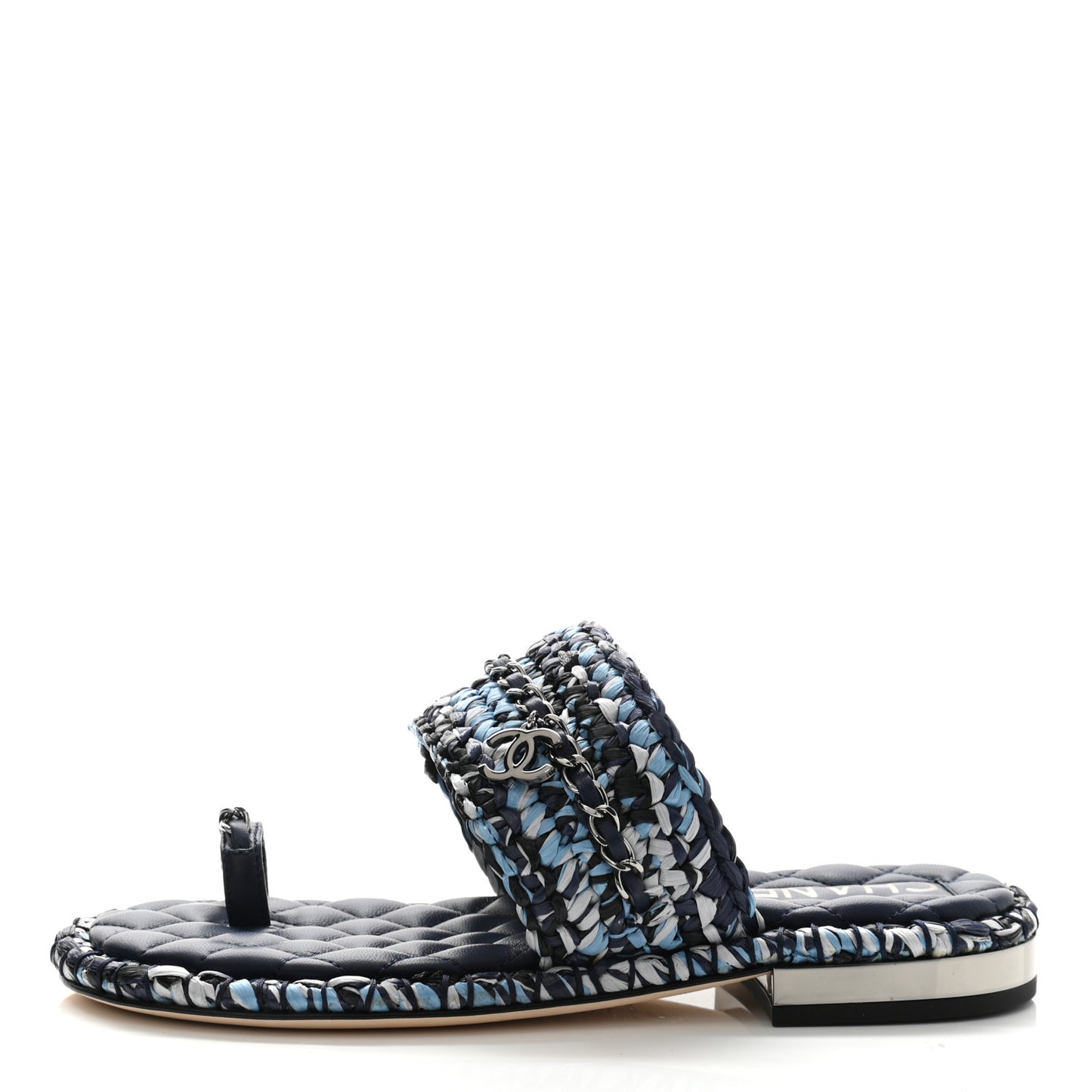 Lambskin Raffia Chain Flat Sandals 36 Blue Black