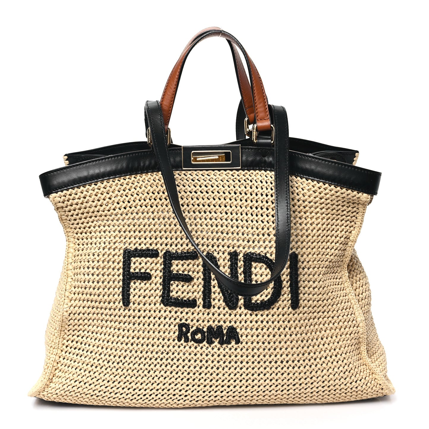 Raffia Vitello King Macrame Mesh Medium Peekaboo X-Tote Natural Black Cuoio