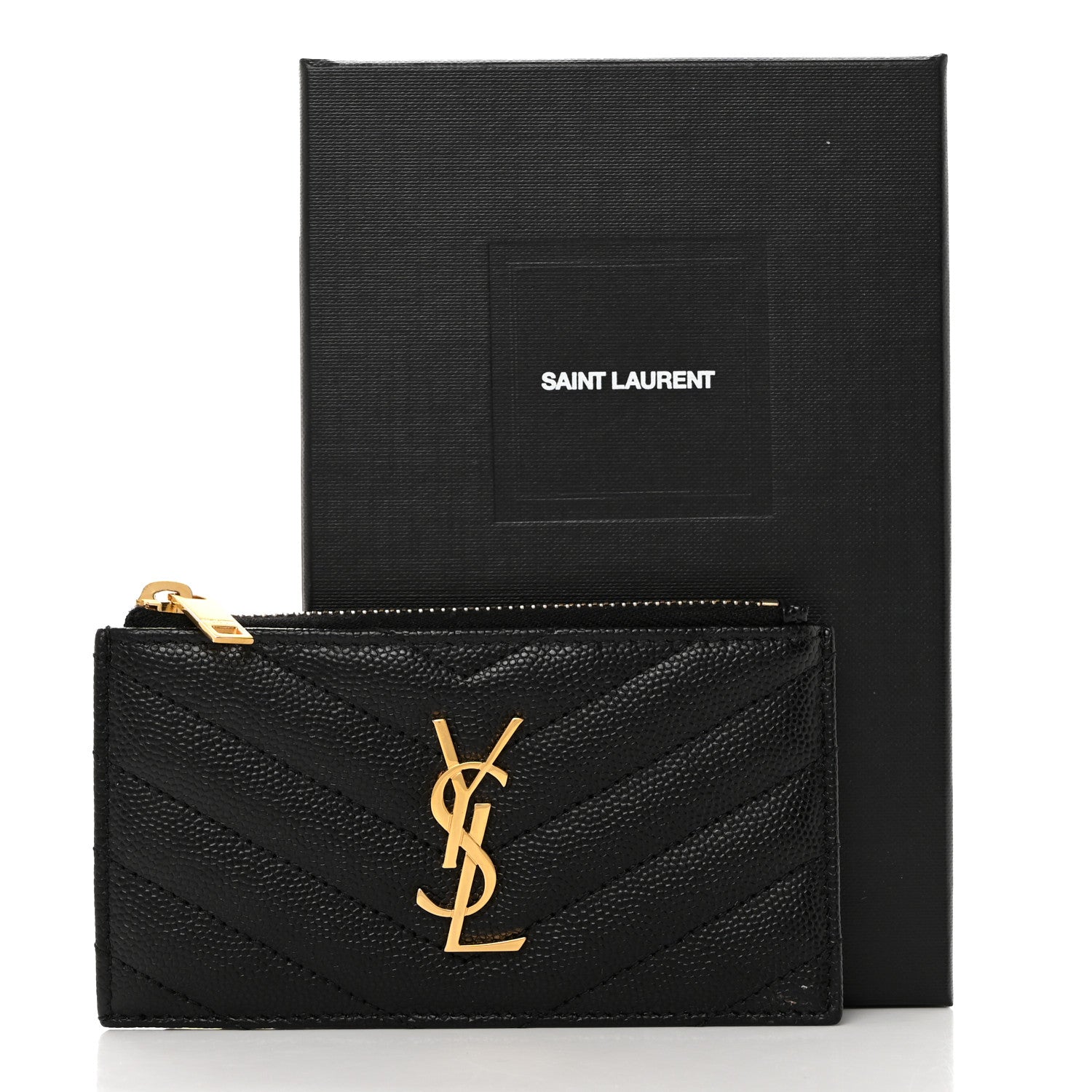 Saint Laurent Grain De Poudre Matelasse Chevron Monogram Fragments Zippered Card Case Black 8 of 8