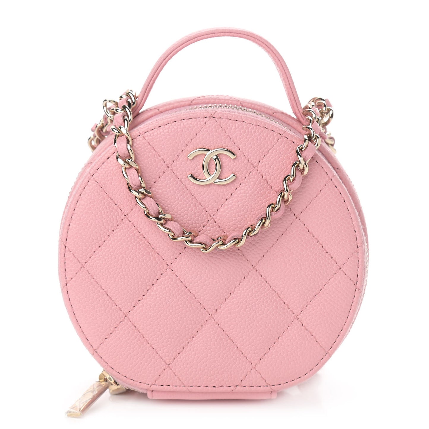 Caviar Quilted Round Handle With Care Vanity With Chain Pink