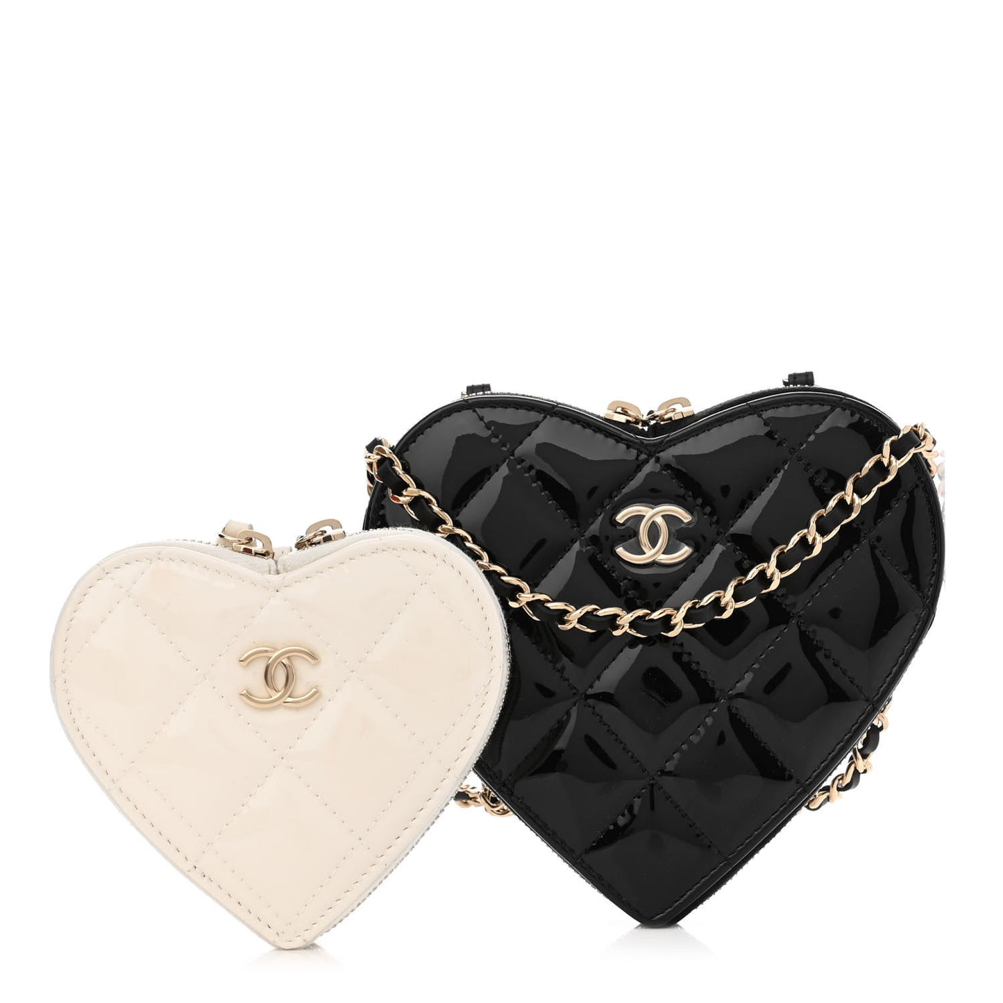 Patent Calfskin Resin Quilted CC Heart Clutch With Chain Black