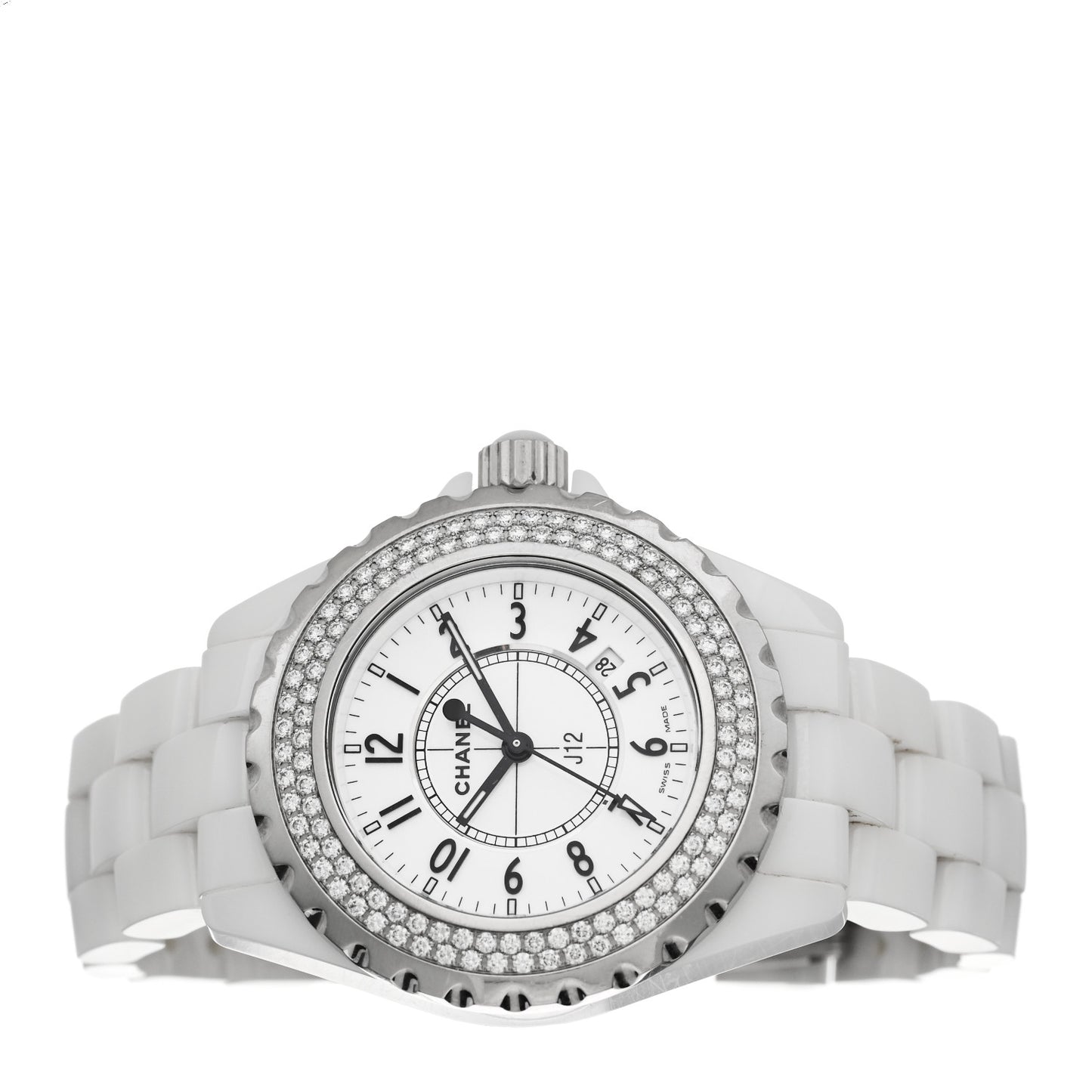 Stainless Steel Ceramic Diamond Pave Bezel 33mm J12 Quartz Watch White