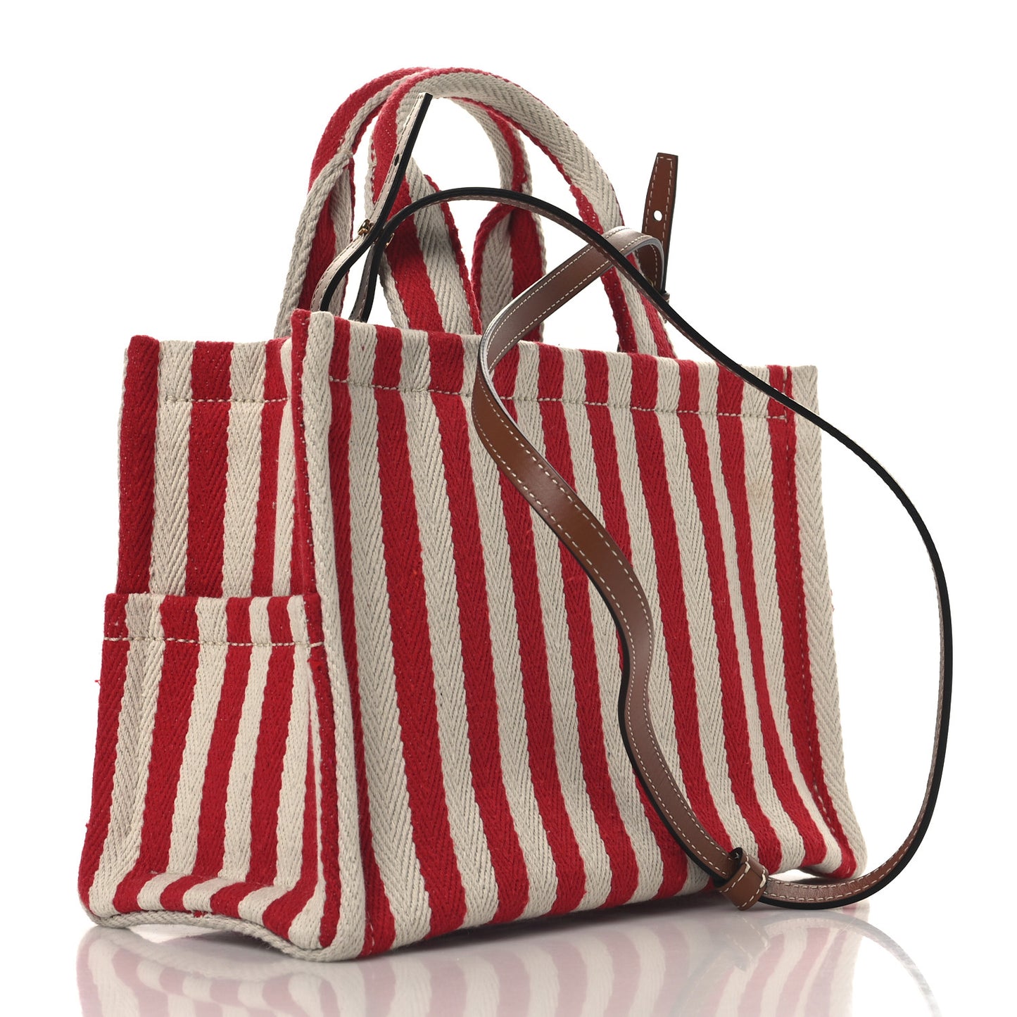 Canvas Calfskin Striped Triomphe Small Cabas Thais Natural Red