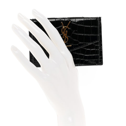 Calfskin Crocodile Embossed Uptown Monogram Card Case Black