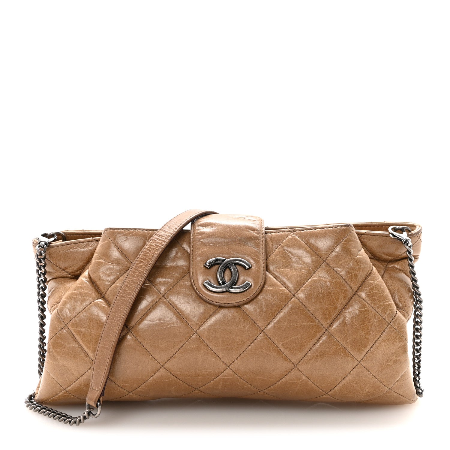 Chanel Glazed Calfskin Quilted Coco Pleats Chain Clutch Brown