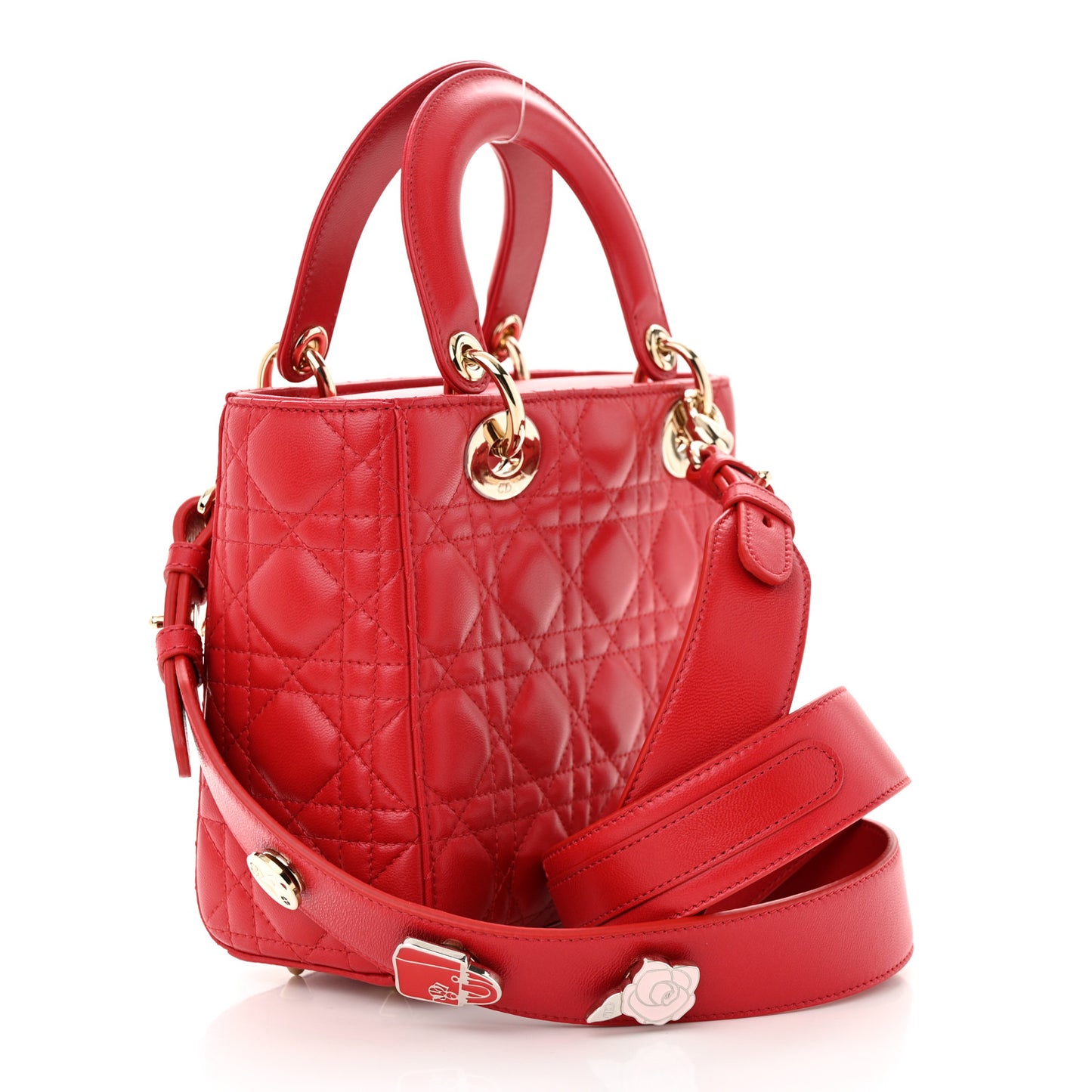 CHRISTIAN DIOR Lambskin Cannage Small Lucky Badges My Lady Dior Red