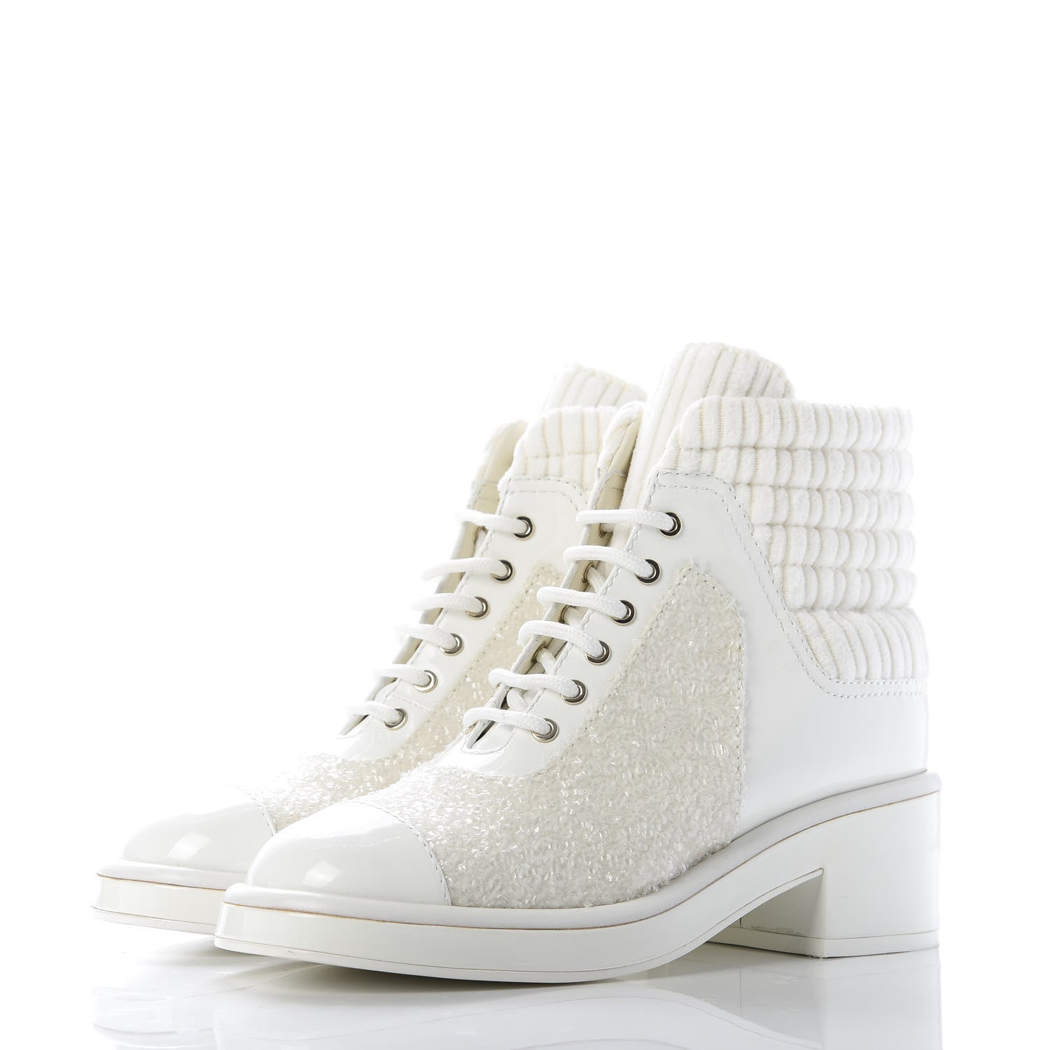 Chanel Tweed Patent Calfskin Velvet Lace Up Boots 37 White 3 of 9