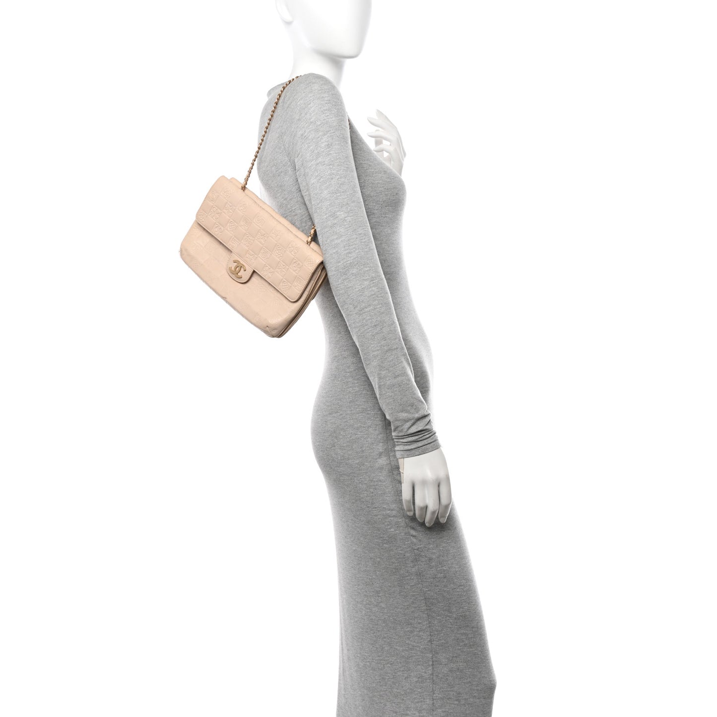 Lambskin Precious Symbols Double Flap Clutch On Chain Beige