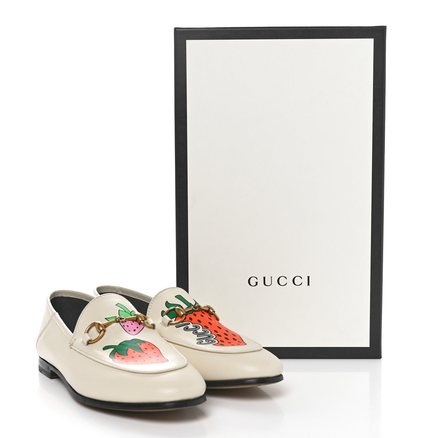 Gucci Calfskin Taste Strawberry Womens Brixton Horsebit Loafers 35 Ivory Red 8 of 8