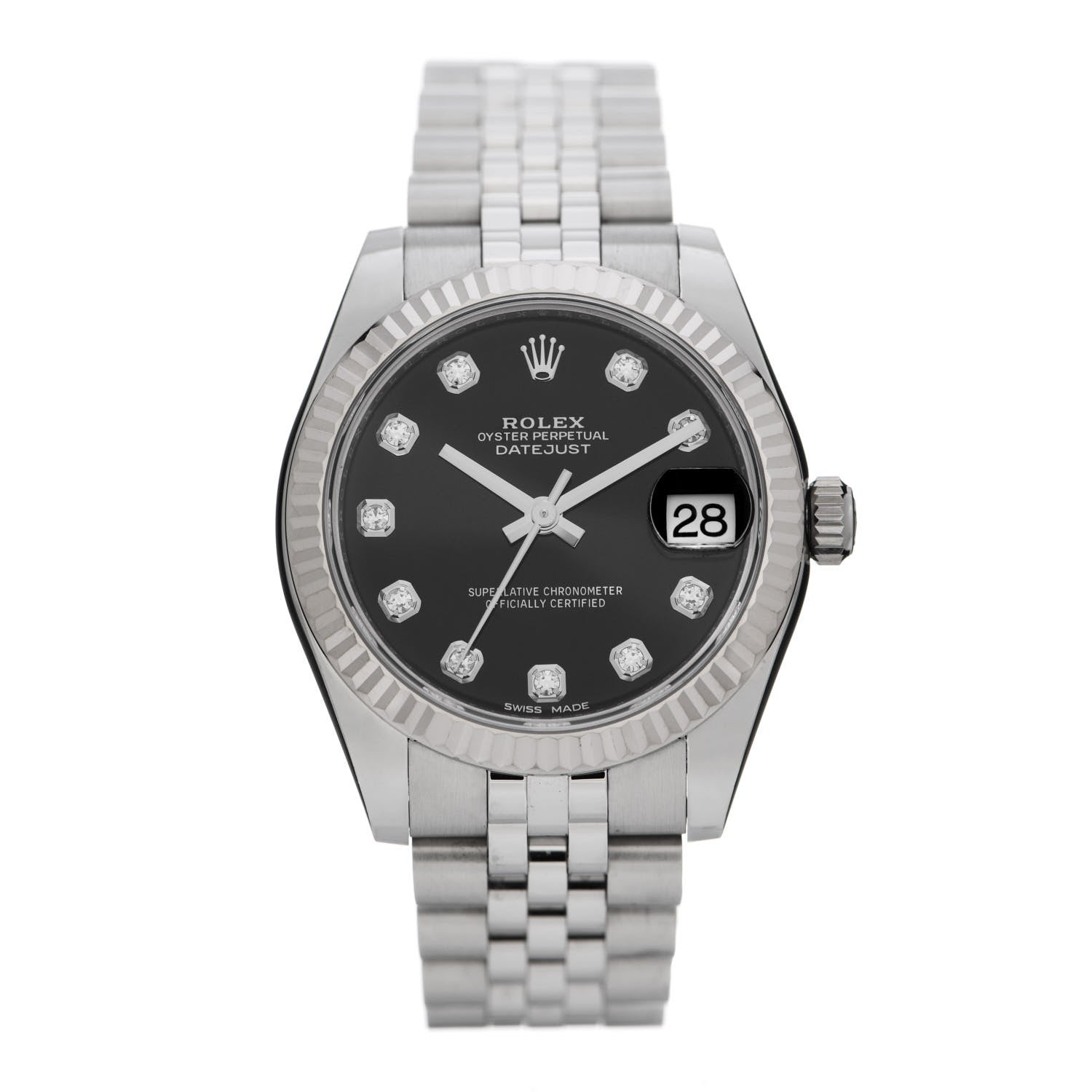 Rolex Stainless Steel 18K White Gold Diamond 31mm Oyster Perpetual Datejust Watch Black 178274 1 of 5