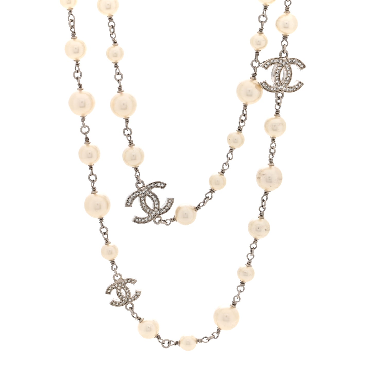 Crystal Pearl CC Long Necklace Silver