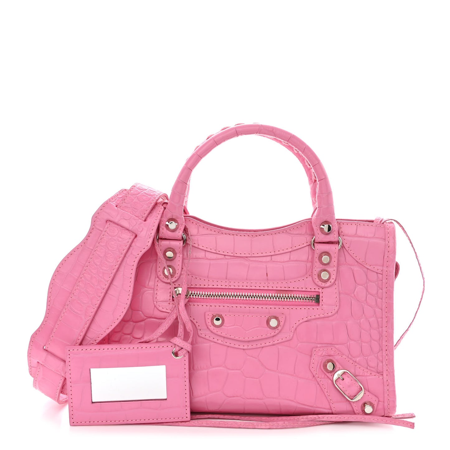 Shiny Supple Calfskin Crocodile Embossed Classic Silver Hardware Mini City Baby Pink