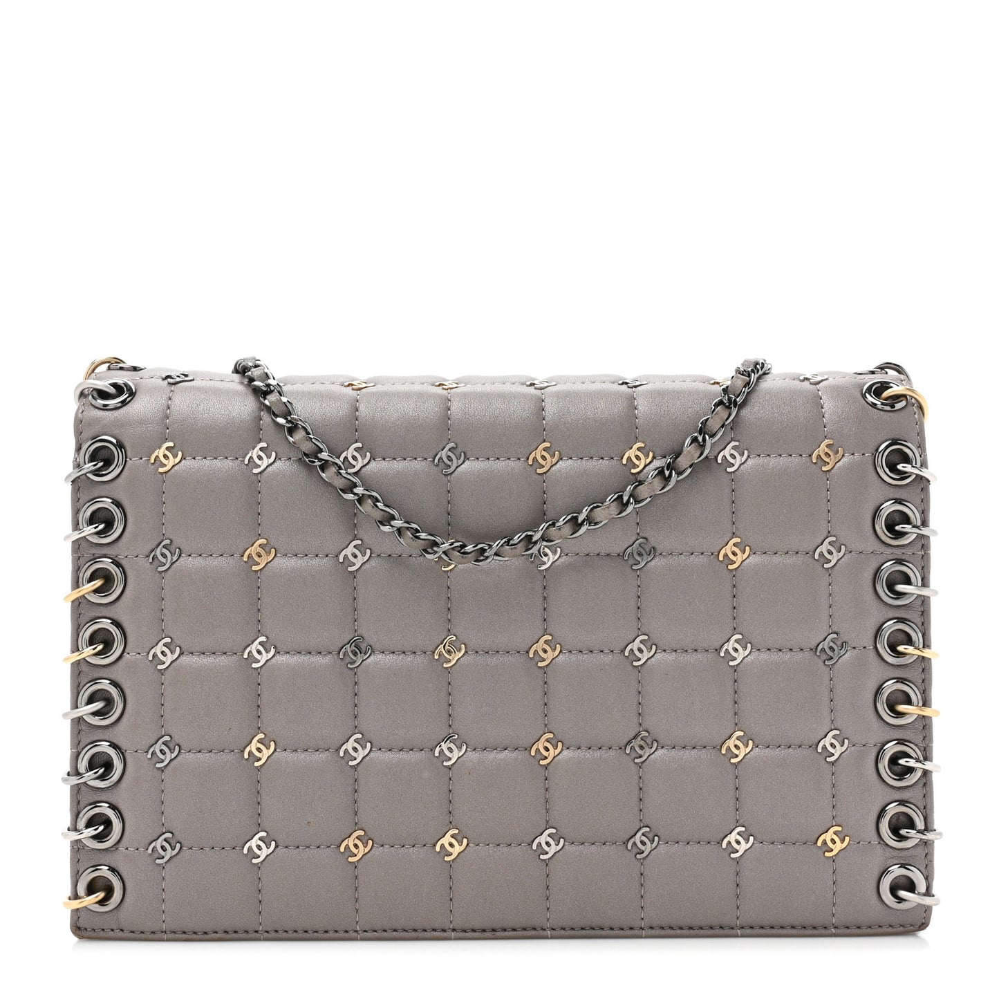 Lambskin Chocolate Bar Piercing CC Studded Small Chain Flap Bag Grey