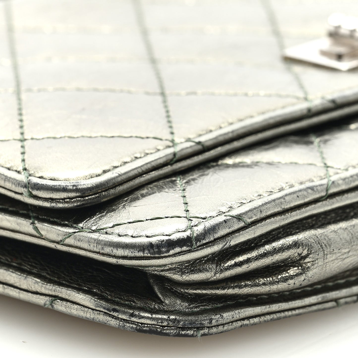 Metallic Aged Calfskin Quilted 2.55 Reissue Wallet On Chain WOC Green