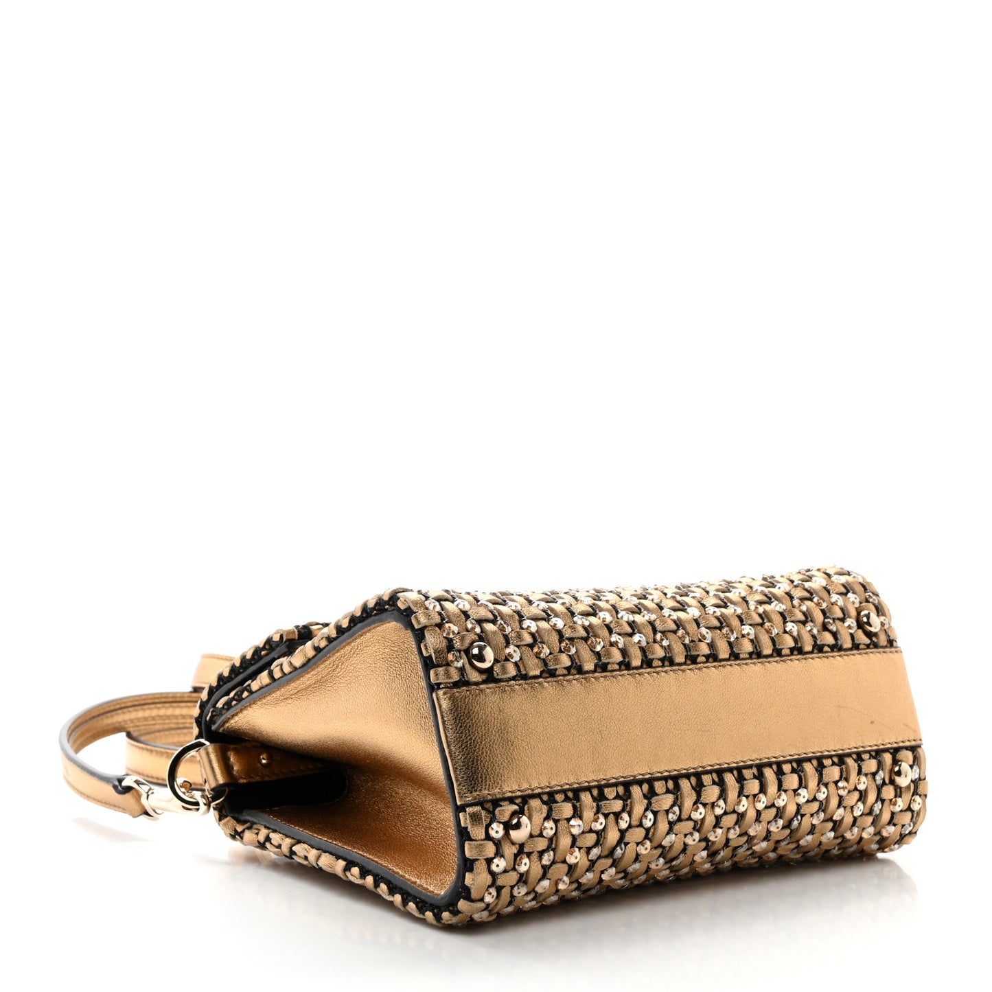 Metallic Calfskin Sequin Crystal Embroidered Mini Vsling Top Handle Bag Gold Multicolor