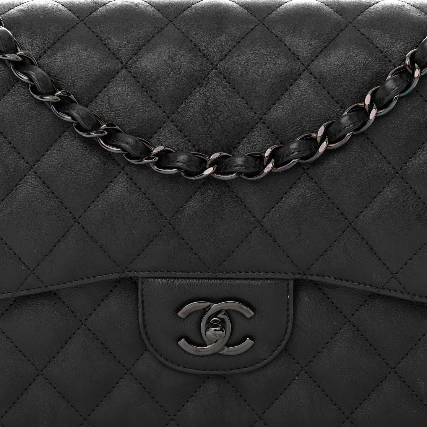 Crumpled Calfskin Quilted Jumbo Double Flap So Black